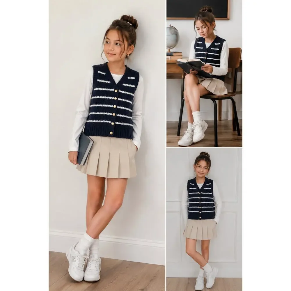 Abercrombie Kids Striped Sweater Vest Navy White Button Front Preppy 9/10